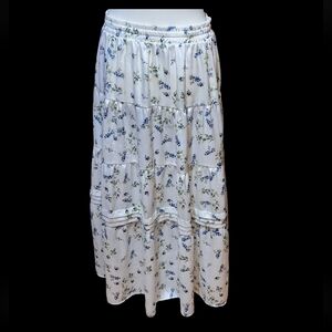 Time and Tru medium blue yellow white ditsy floral tiered satin maxi skirt